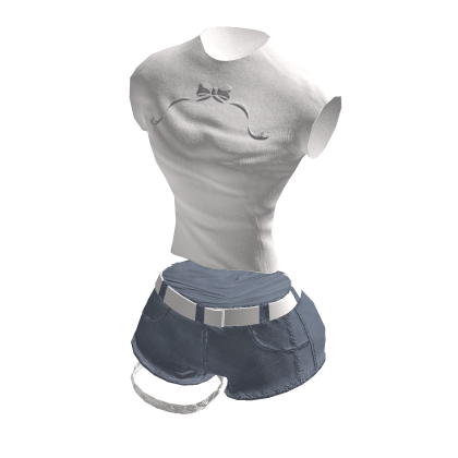 Y2K Ribbon Graphic Crop w/ Jean Shorts | White✔️ thumbnail