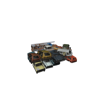 junk yard crushed and rusty cars and bus and truck