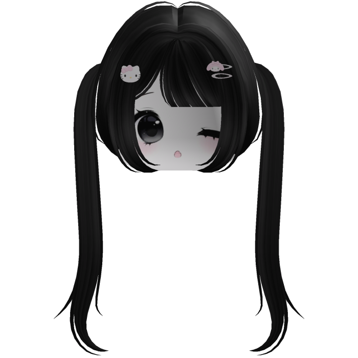 Kawaii Schoolgirl Pigtails w/ Kitty Hairclip Black