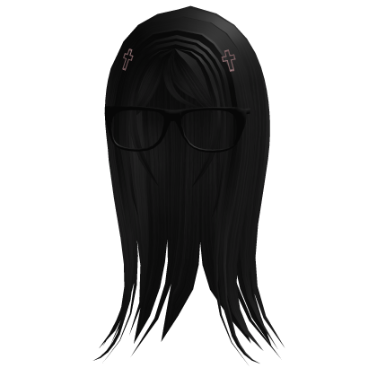 Long black hair with black glasses and hairclips Roblox item