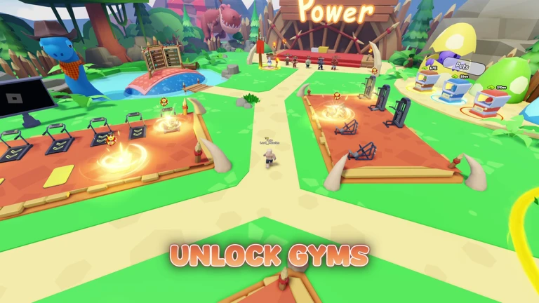 ยิมธีมสีเขียวหลายจุดพร้อมเครื่องออกกำลังกายและคำว่า UNLOCK GYMS