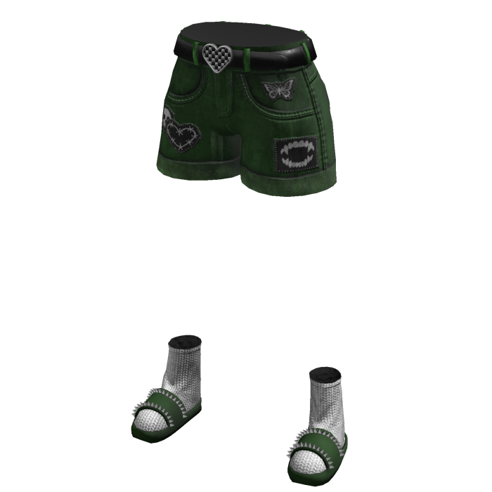 Green Cute Girl Y2K Patch Star Denim Jorts Emo