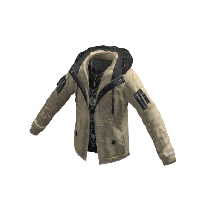 Gothic Jacket w/ Fur Hood & Cross Chain (Beige)