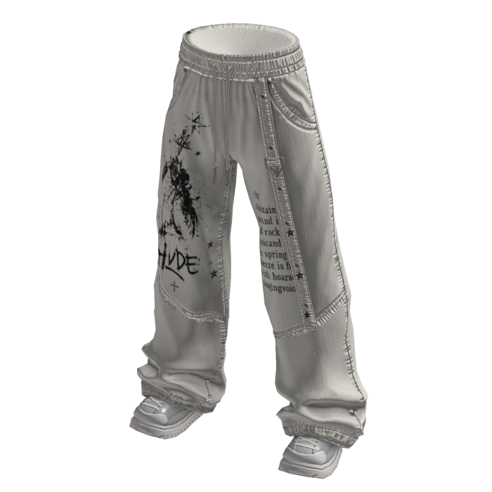 Graphic Print Baggy Jeans (Light Grey)