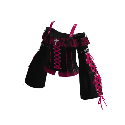Y2K Goth Lace Up Top w/ Sleeves Pink&Black thumbnail