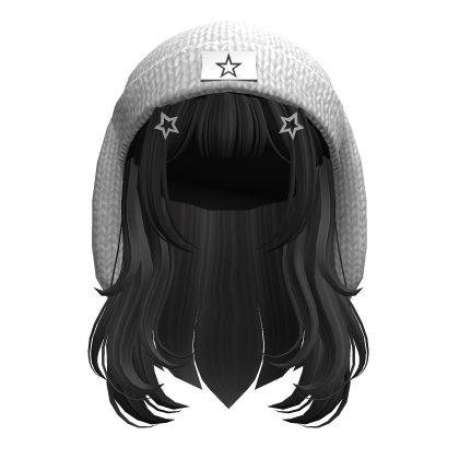 Bunny Ears Beanie w Black Long Hair w Stars