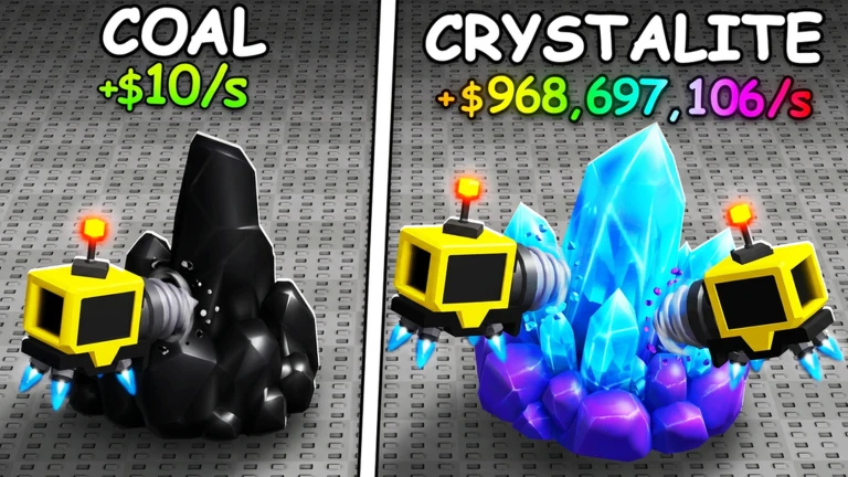 ภาพโปรโมต Sell Ores แบบแบ่งครึ่ง: แร่สีดำด้านซ้าย ผลึกฟ้าด้านขวา และโดรนสีเหลือง