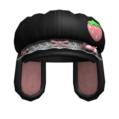 Cute Strawberry Bunny Newsboy Cap Hat - Black Roblox item