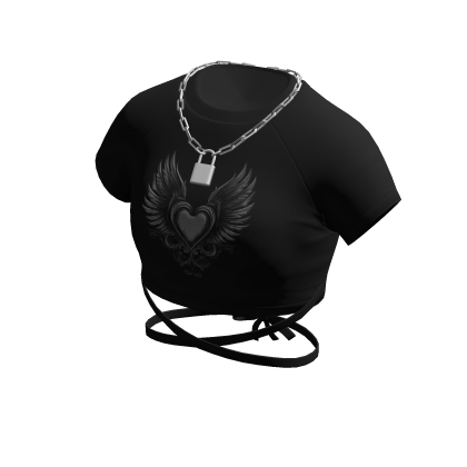 Black Heart Print Crop Top w/ Silver Lock Necklace