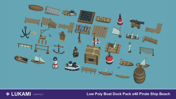 Low Poly Boat Dock Pack x40 Pirate Ship Beach preview 1