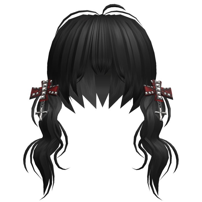 Black Vkei Girl Hair Twin Tails w Red Studded Bows