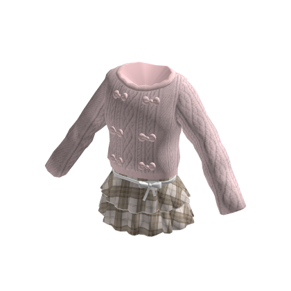 Coquette Pink Bow Sweater Plaid Skirt Brown Outfit