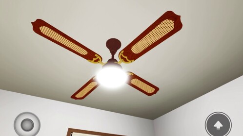 Ceiling fans in the night with red suburban house