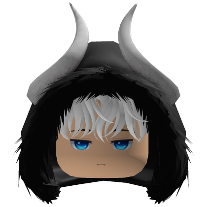 Anime boy messy white hair black hood white horns Roblox item
