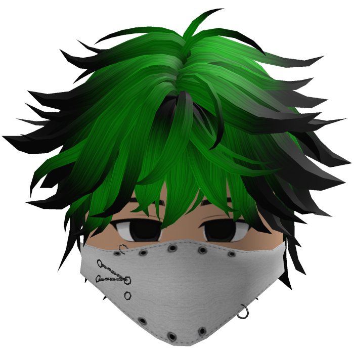 Cute emo boy, green hair, Y2K emo mask white
