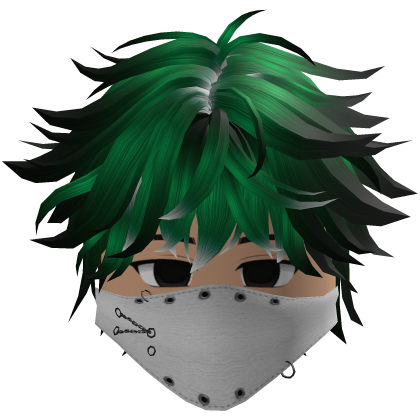 Cute emo boy, green hair, Y2K emo mask white