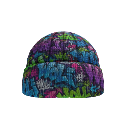 Blue Violet Neon Comic Graffiti Knit Beanie