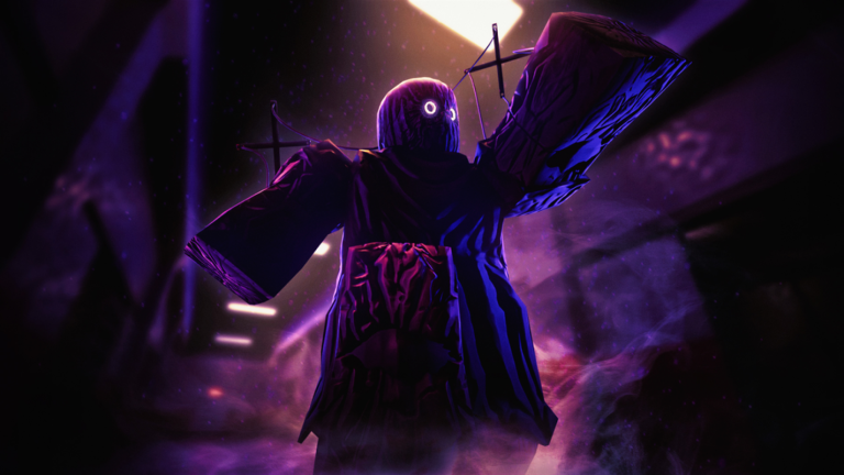 Demonology Halloween event artwork showing a hooded supernatural figure in purple fog