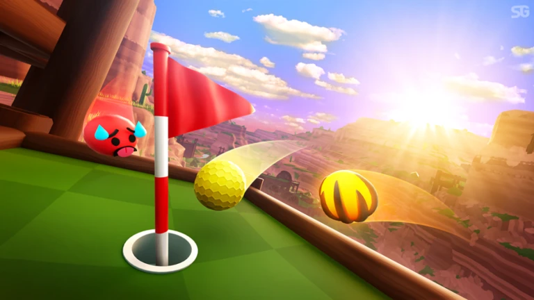 Three balls flying towards the hole in a Canyon-themed environment.