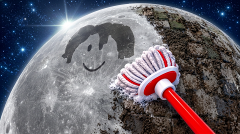 Official promotional art: a red-handled mop wipes dirt off half of the Moon and reveals a smiling face outline on the clean side