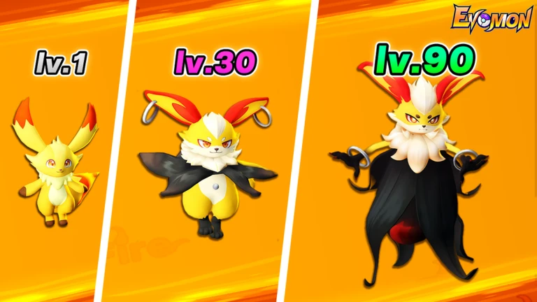 ภาพโปรโมตทางการ Evomon เปรียบเทียบรูปร่างสัตว์คู่หูที่ระดับ 1 ระดับ 30 และระดับ 90