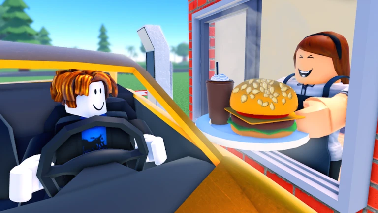 ภาพพรีวิวทางการ Restaurant Tycoon 3: ตัวละครในรถสีเหลืองรับถาดที่มีเบอร์เกอร์และเครื่องดื่มจากตัวละครหลังหน้าต่างร้าน