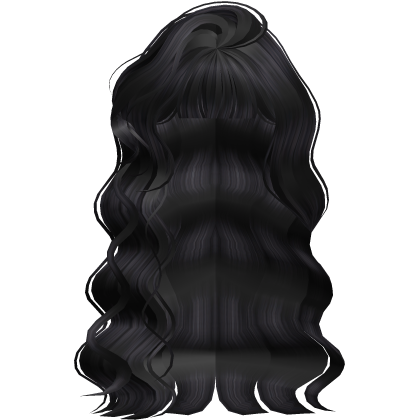 Long Curly Swooped Black Hair with Bangs