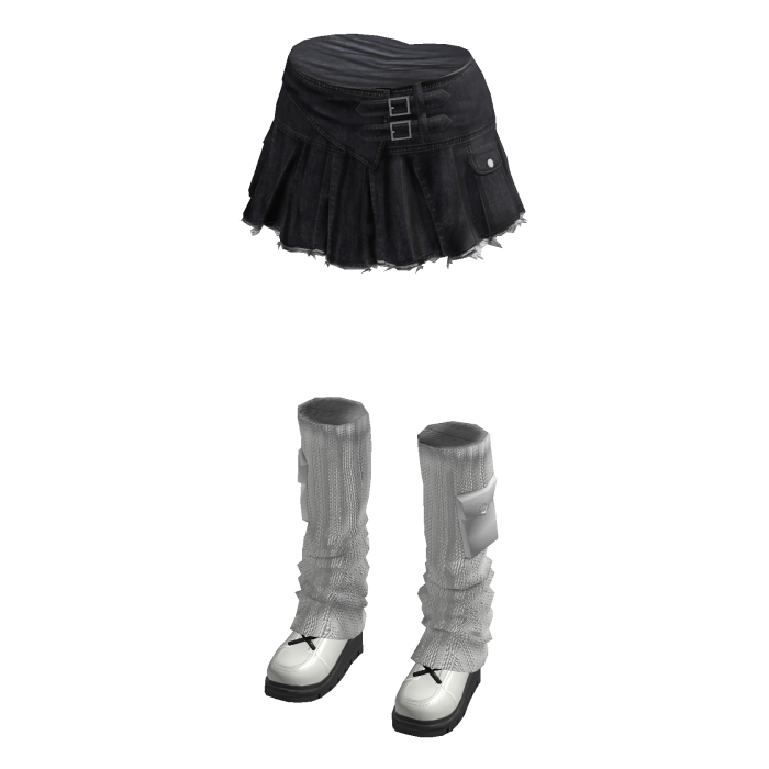 Y2K Pleated Denim Skirt w/ Leg Warmers (Black)