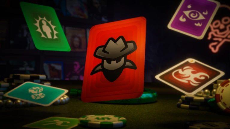 A red playing card with a stylized outlaw face wearing a hat and bandana stands upright on a poker table surrounded by poker chips and other colorful cards featuring various symbols. The background is dimly lit with a mysterious and suspenseful atmosphere, suggesting a high-stakes card game in progress. No text is visible in the image.