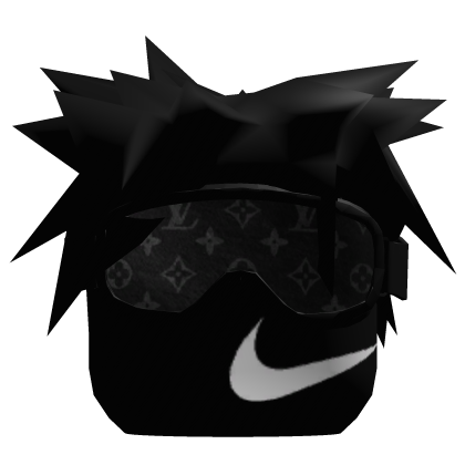 Dashie with black hair, mask, and snow goggles