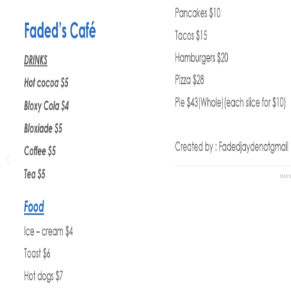 Bloxburg cafe menu(no turkey) Roblox decal