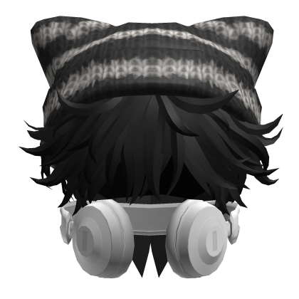 Messy Hair w/ Headphones & Y2K Cat Beanie in Black