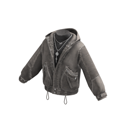 Y2K Grunge Bomber Jacket w/ Hood & Chain (Grey)