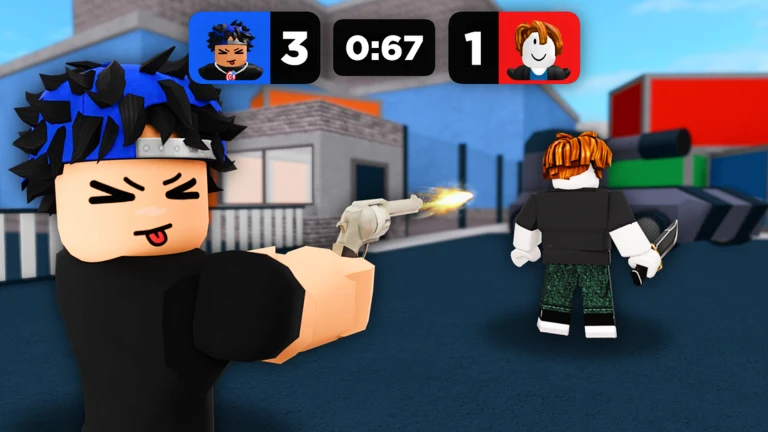 ภาพโปรโมต Murder Mystery DUELS ตัวละครถือปืนในฉากต่อสู้พร้อมคะแนน 3 ต่อ 1