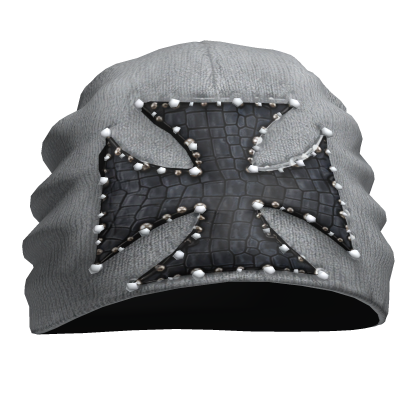 Grey Studded Cross Beanie