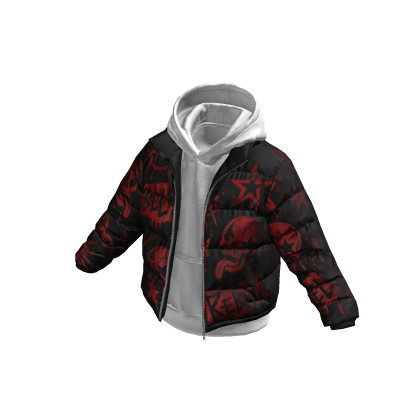 White Hoodie w Red REBEL Print Black Puffer Jacket