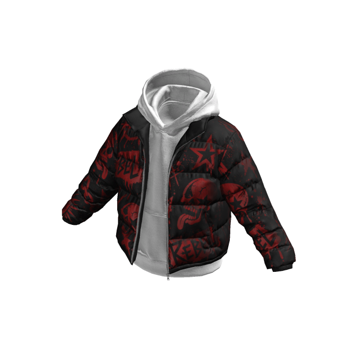 White Hoodie w Red REBEL Print Black Puffer Jacket