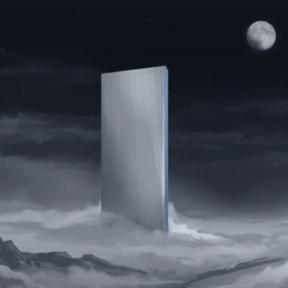 Mysterious Obelisk Towers Moon Night Mist Sky