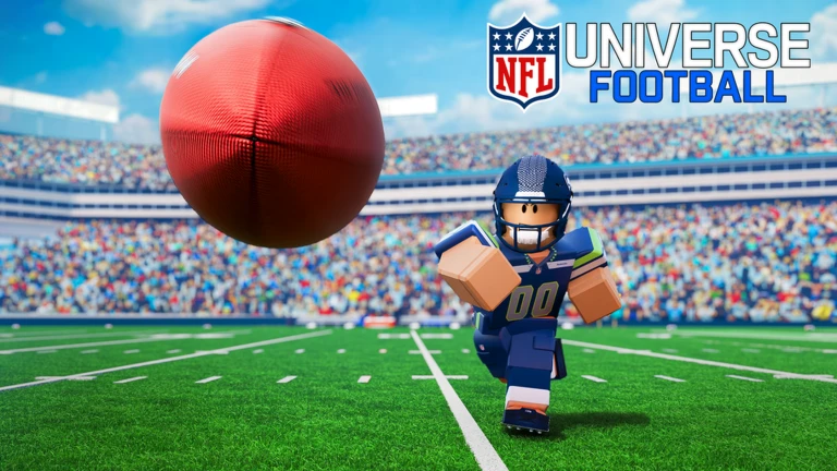 ภาพโปรโมตทางการ NFL Universe Football: ผู้เล่น Seattle Seahawks วิ่งเข้าหาลูกฟุตบอลในสนามกลางแจ้ง