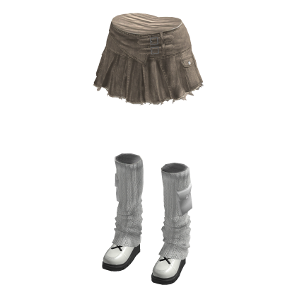 Y2K Pleated Denim Skirt w/ Leg Warmers (Beige)