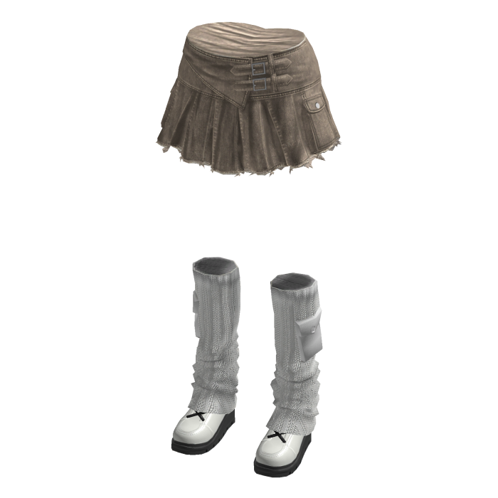 Y2K Pleated Denim Skirt w/ Leg Warmers (Beige)