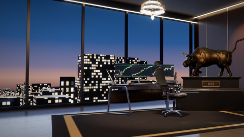Official event art for Custom Offices: a dark corner office at dusk with floor-to-ceiling windows over a lit city skyline, a desk with a monitor showing a rising chart, an office chair and a bronze bull statue on a plinth marked RSE