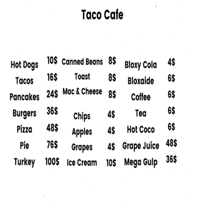 Taco cafe's Menu (BloxBurg) Roblox decal