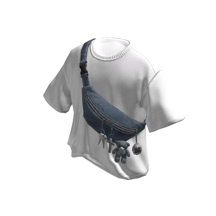 White tee w Denim crossbody fanny pack