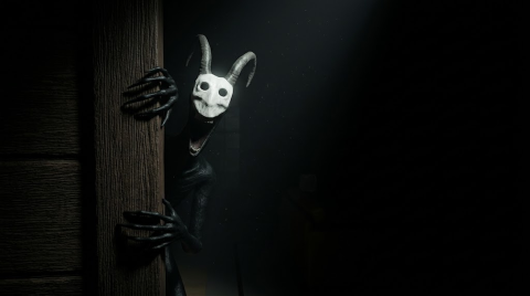 Official promotional art: a horned creature peers through a doorway into a dark room.