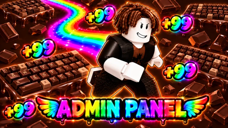 ภาพโปรโมตตัวละครวิ่งกับเส้นสายรุ้ง ข้อความ +99 และ ADMIN PANEL ไม่ยืนยันตัวคูณหรือคำสั่ง