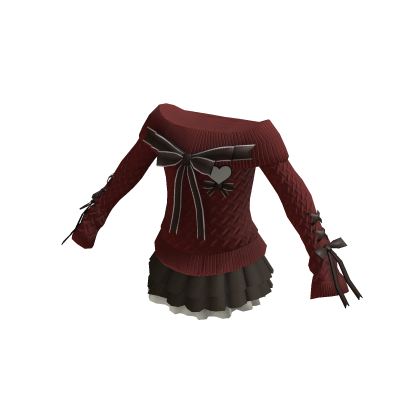 ♡ Red Knitted Bow Sweater w Brown Skirt Outfit