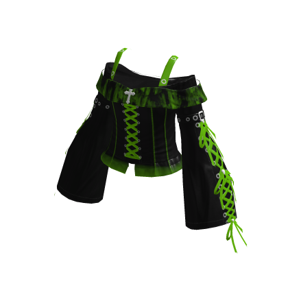 Y2K Goth Lace Up Top w/ Sleeves Green&Black thumbnail
