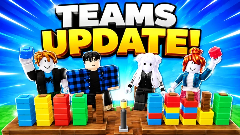ภาพทางการเขียน Teams Update เหนือตัวละครสี่คนและโต๊ะบล็อกหลายสี