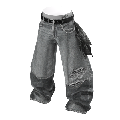 💗BANDANA DISTRESSED BAGGY JEANS_GREY